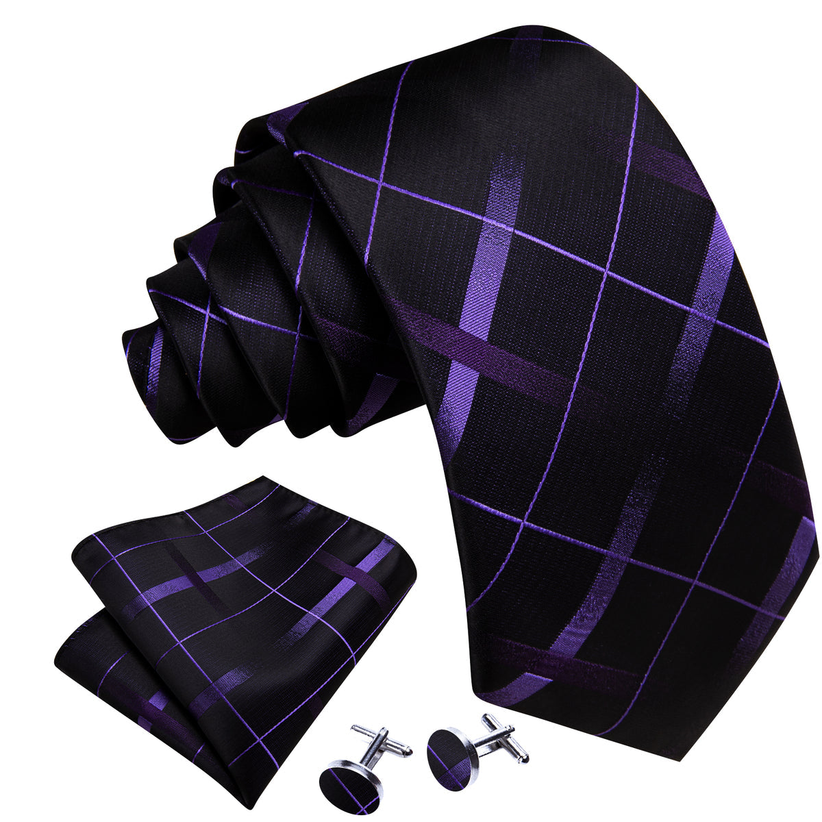 Black Purple Plaid Silk Tie Set - GentCrest - View 3