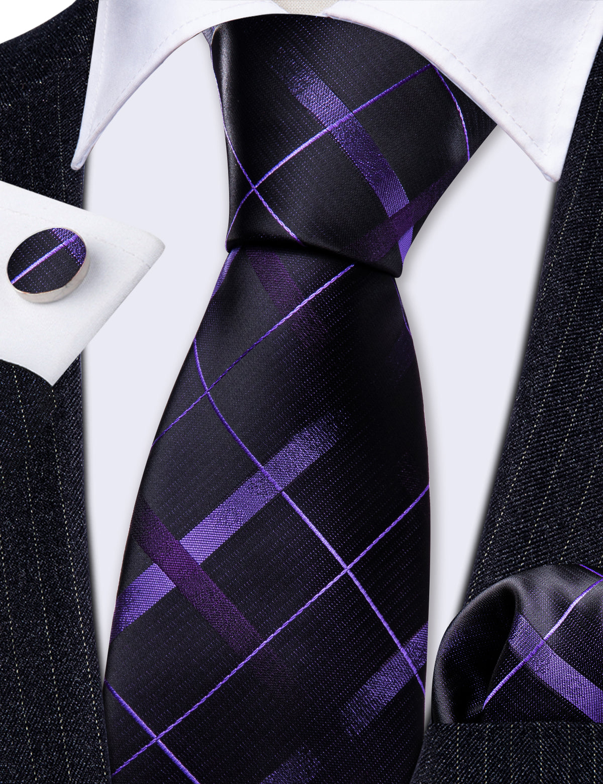Black Purple Plaid Silk Tie Set - GentCrest - View 7