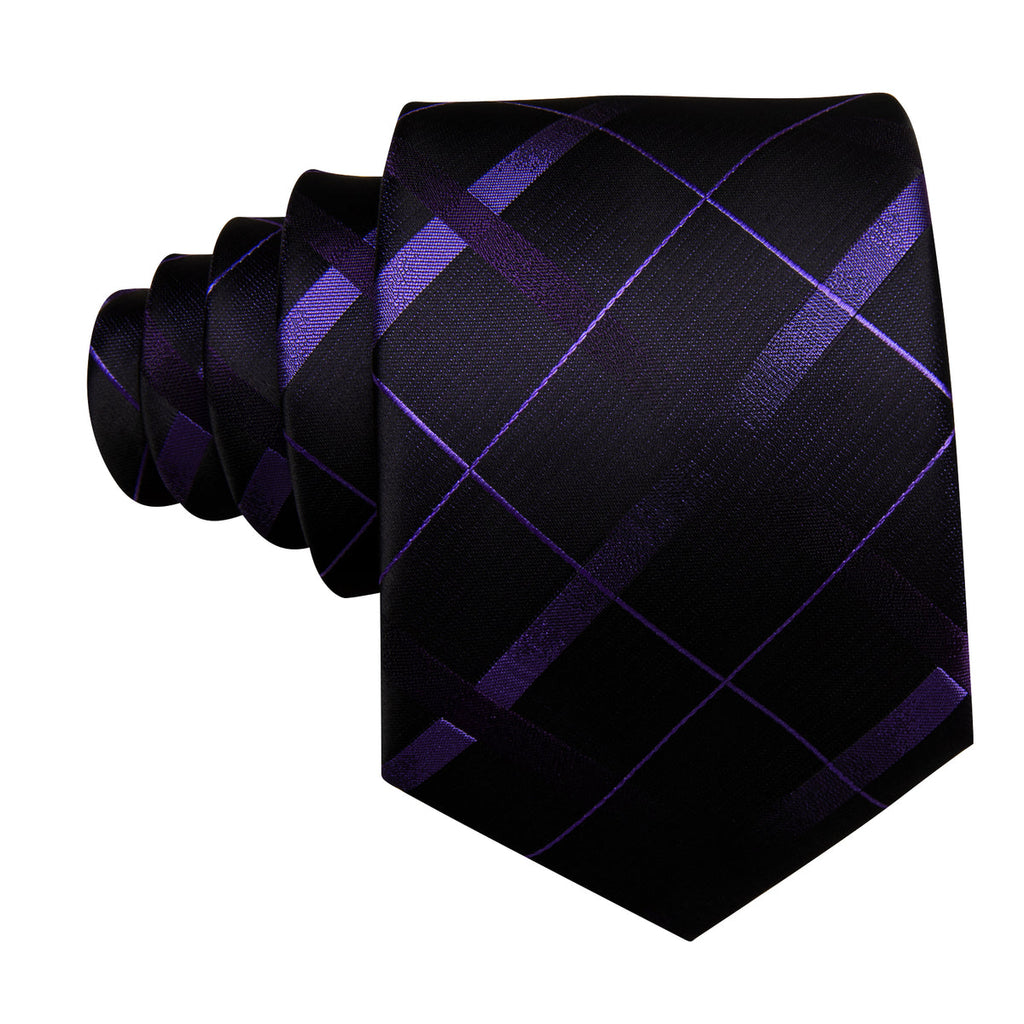 Black Purple Plaid Silk Tie Set - GentCrest - View 4