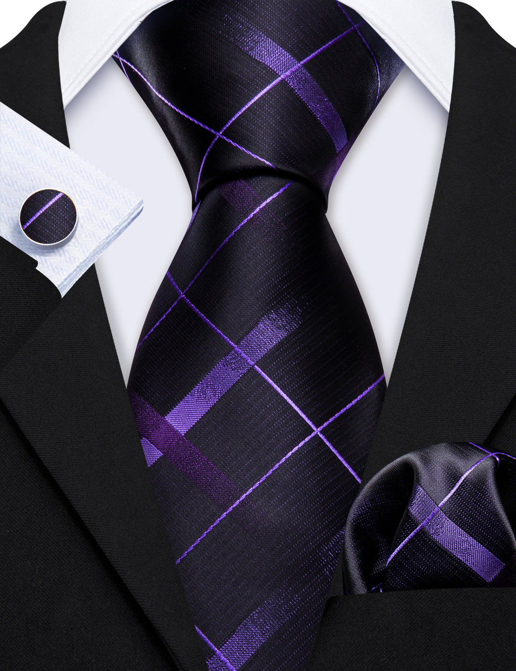 Black Purple Plaid Silk Tie Set - GentCrest - View 6