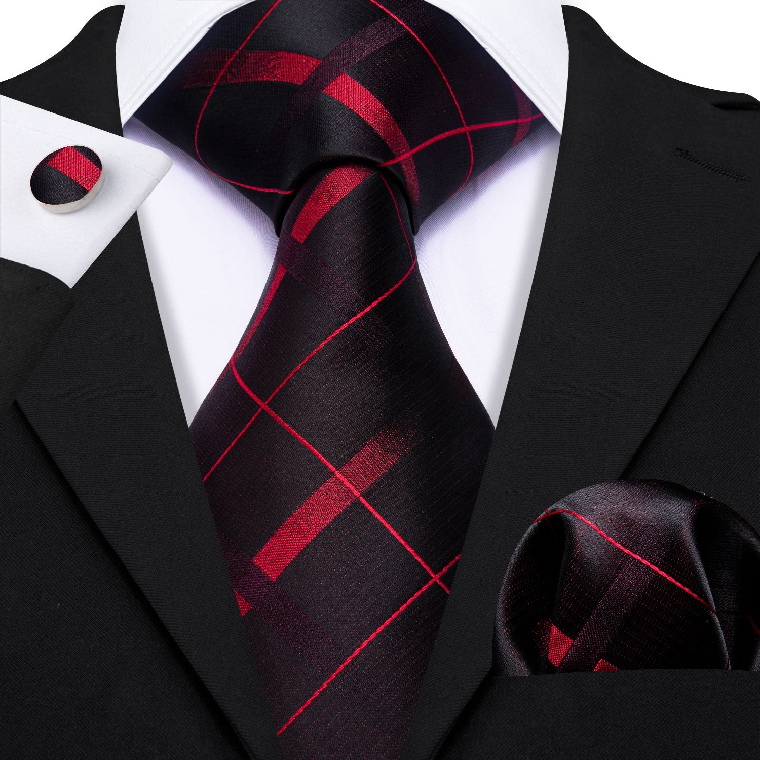 GentCrest Black Plaid Tie Hanky Cufflinks Set - Image 3