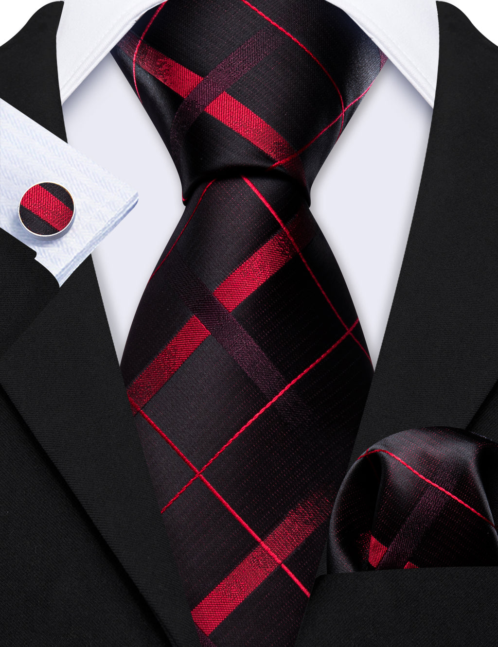 Black Red Plaid Silk Tie Set - GentCrest - View 6