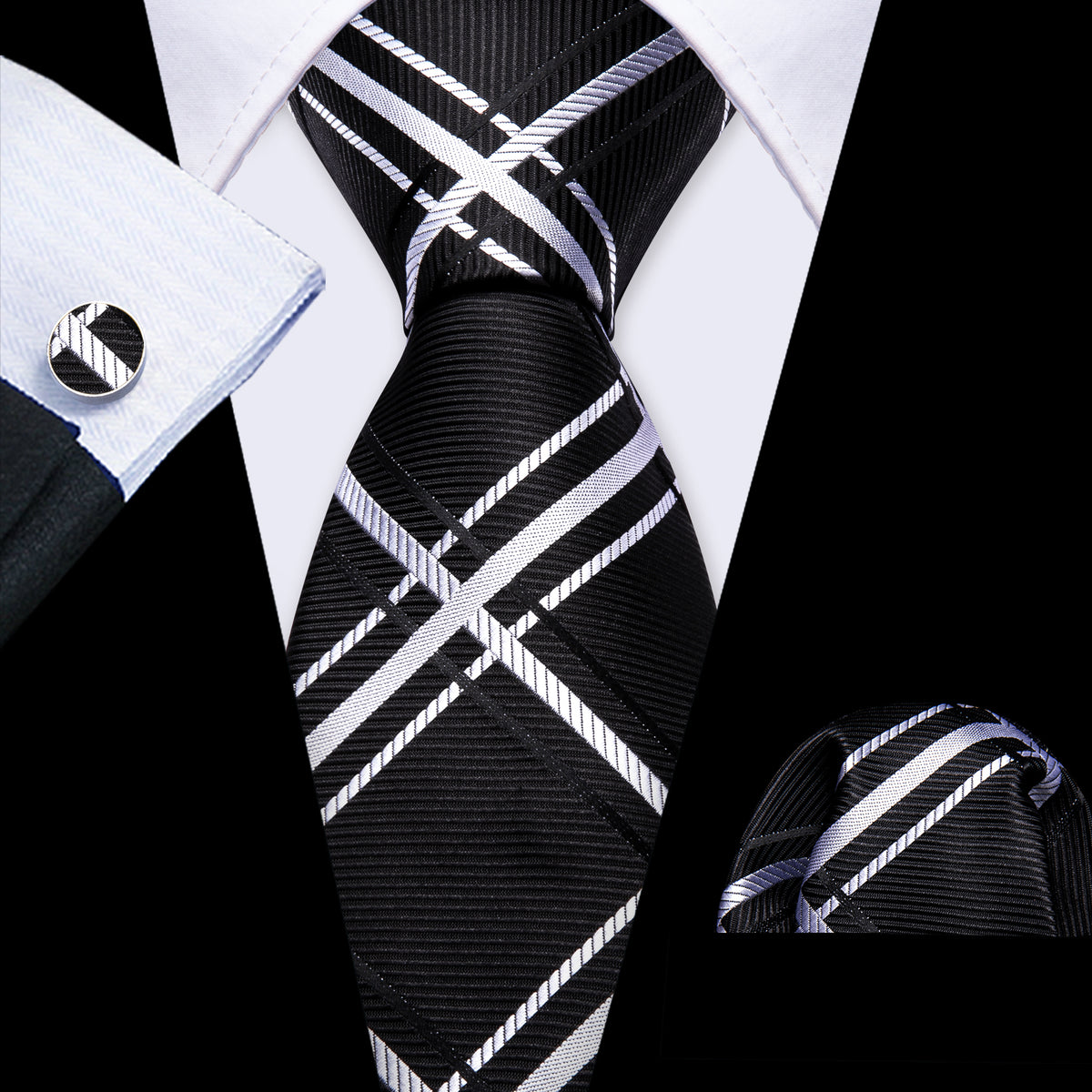 Black White Striped Silk Tie Set - GentCrest