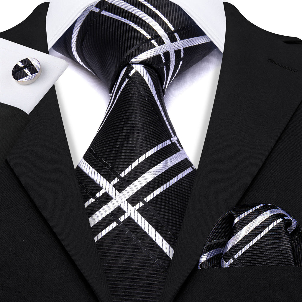 Black White Striped Silk Tie Set - GentCrest - View 2