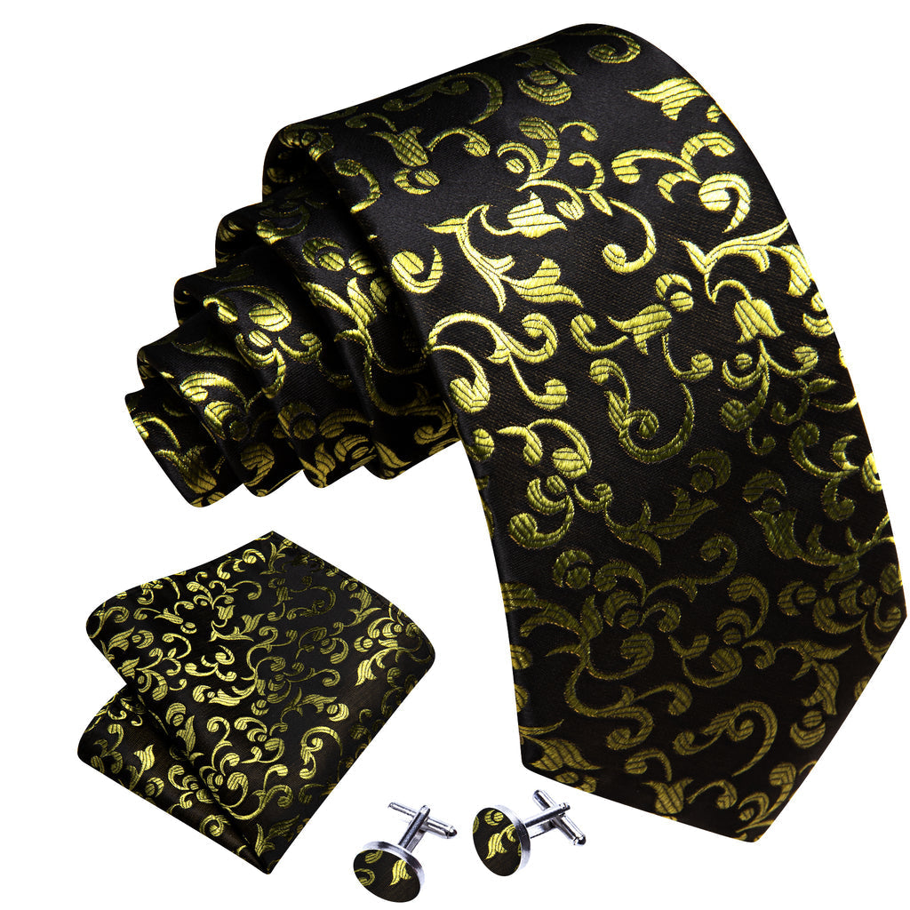 Black Yellow Floral Silk Tie Set - GentCrest - View 3