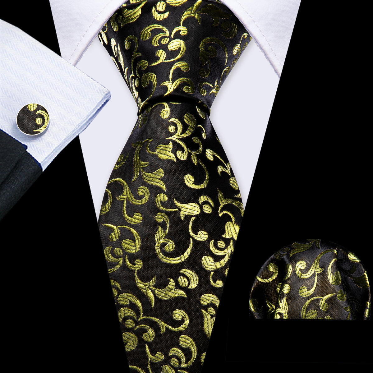 Black Yellow Floral Silk Tie Set - GentCrest