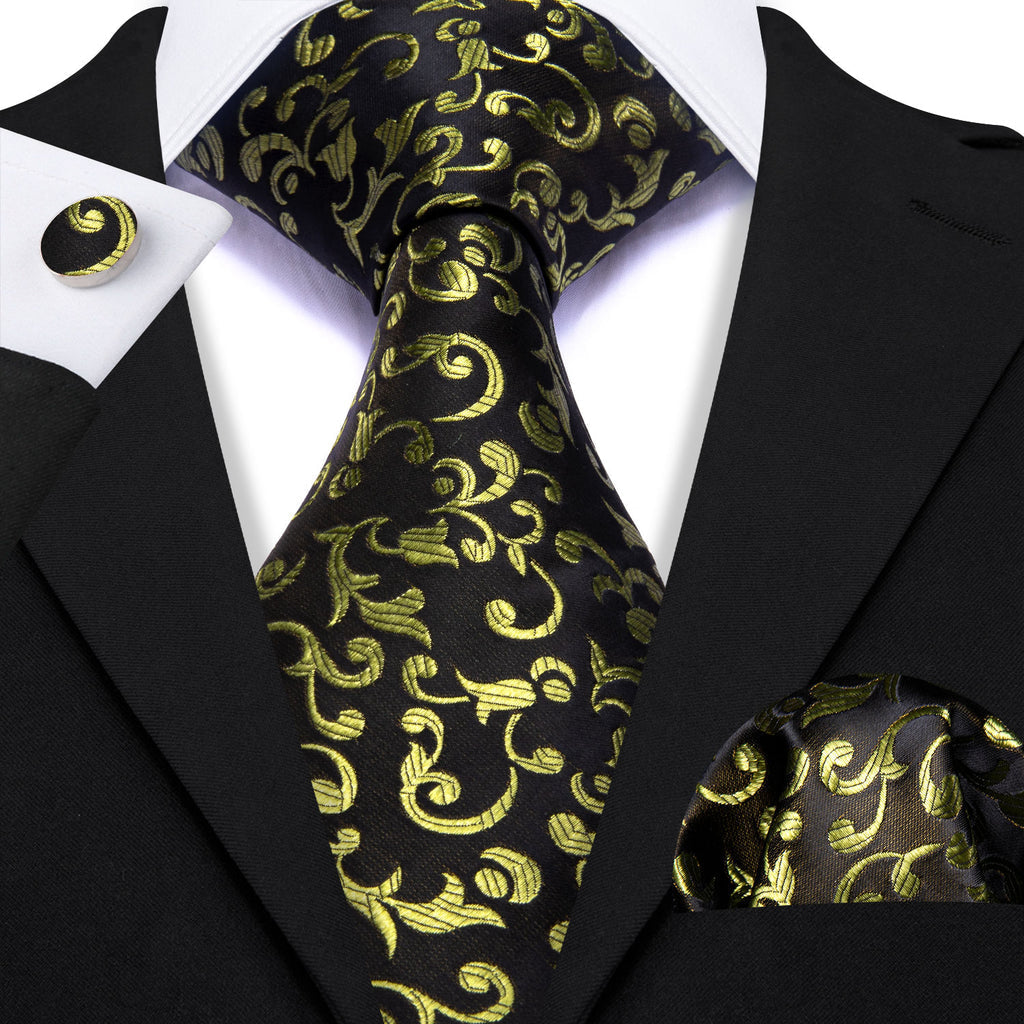 Black Yellow Floral Silk Tie Set - GentCrest - View 2