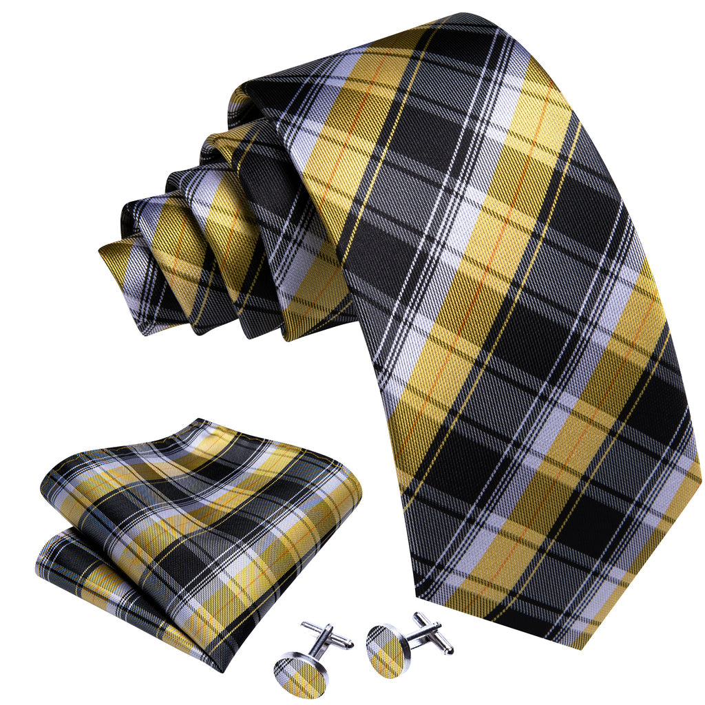 Black Yellow Checkered Silk Tie Set - GentCrest - View 3