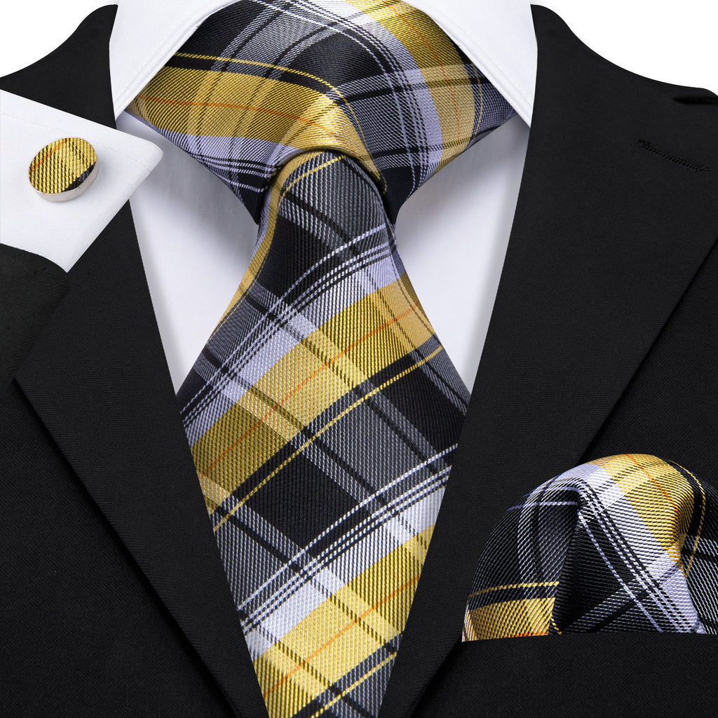 Black Yellow Checkered Silk Tie Set - GentCrest - View 2