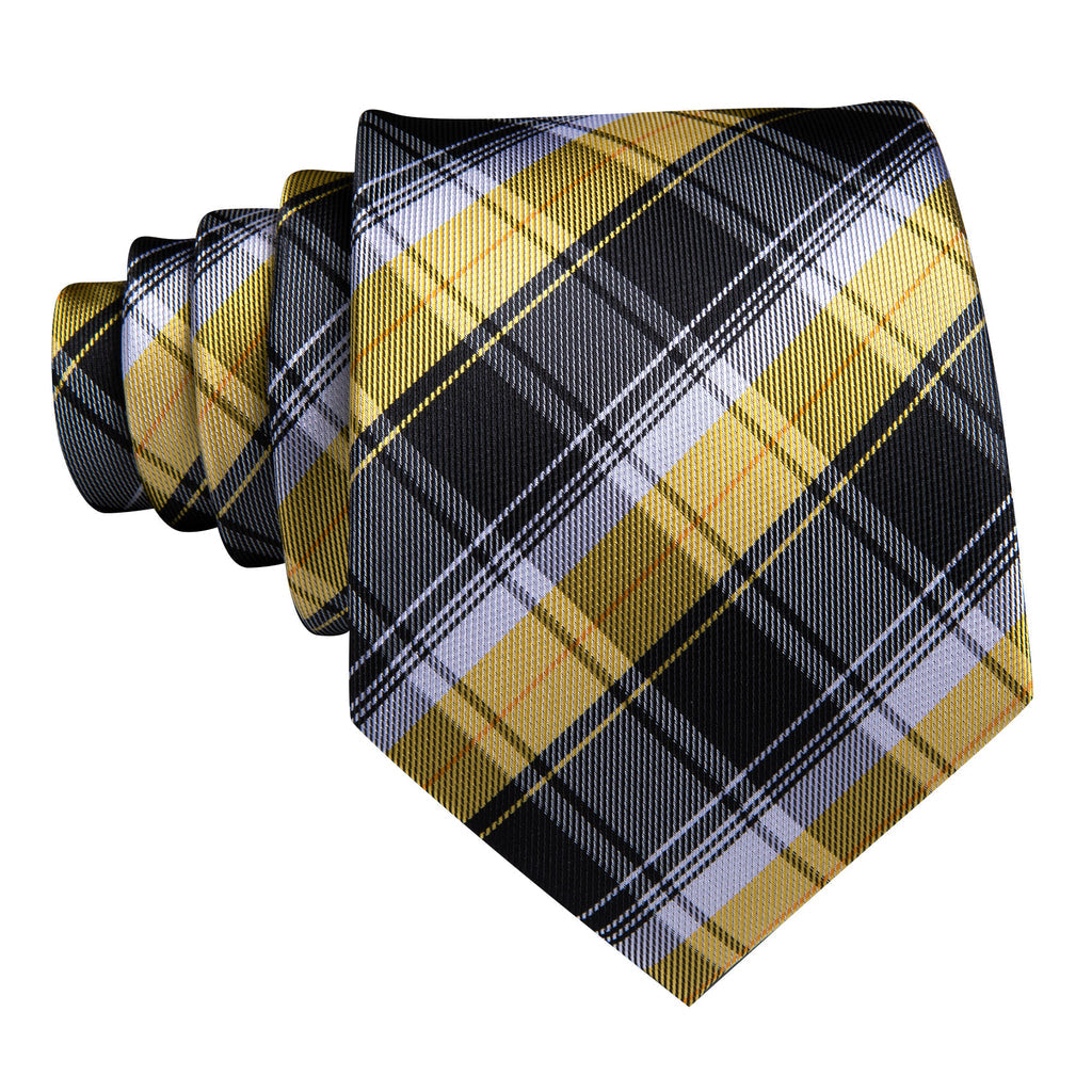 Black Yellow Checkered Silk Tie Set - GentCrest - View 4