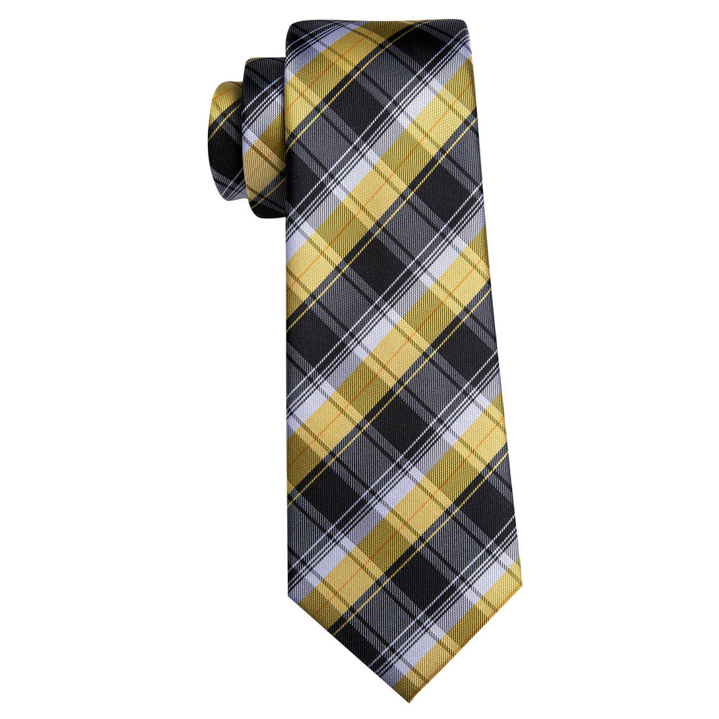 Black Yellow Checkered Silk Tie Set - GentCrest - View 5