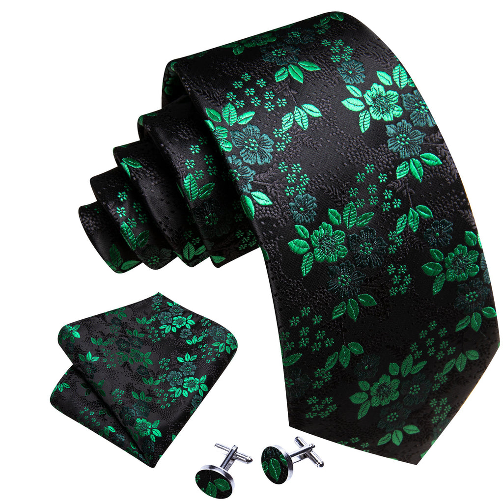 Green Black Floral Silk Tie Set - GentCrest - View 3