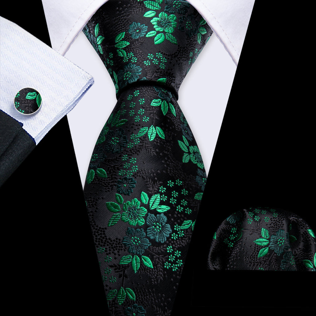 Green Black Floral Silk Tie Set - GentCrest