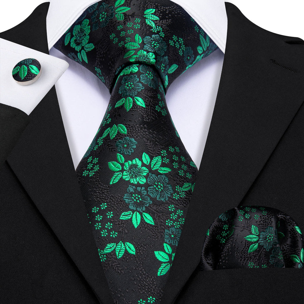 Green Black Floral Silk Tie Set - GentCrest - View 2