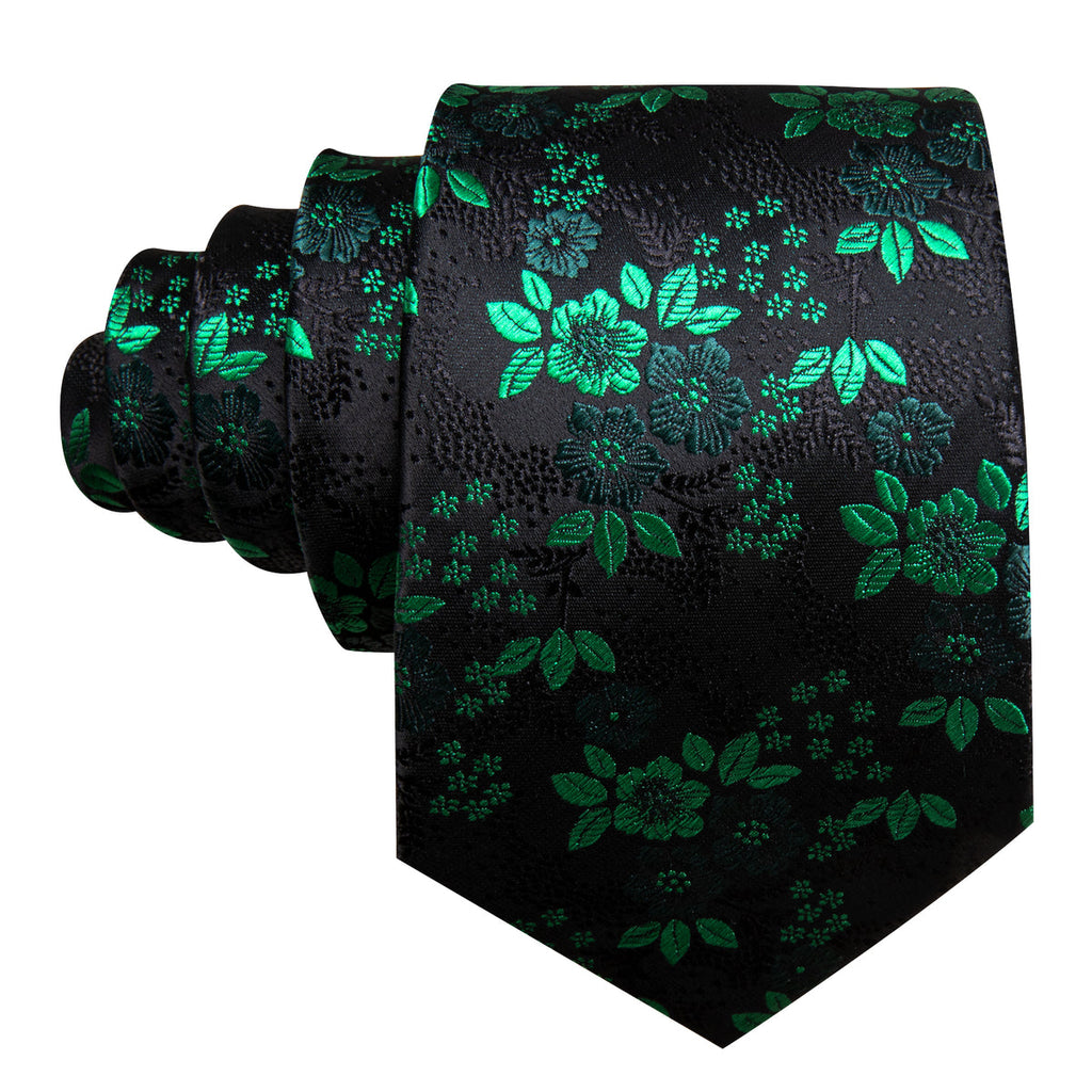 Green Black Floral Silk Tie Set - GentCrest - View 4