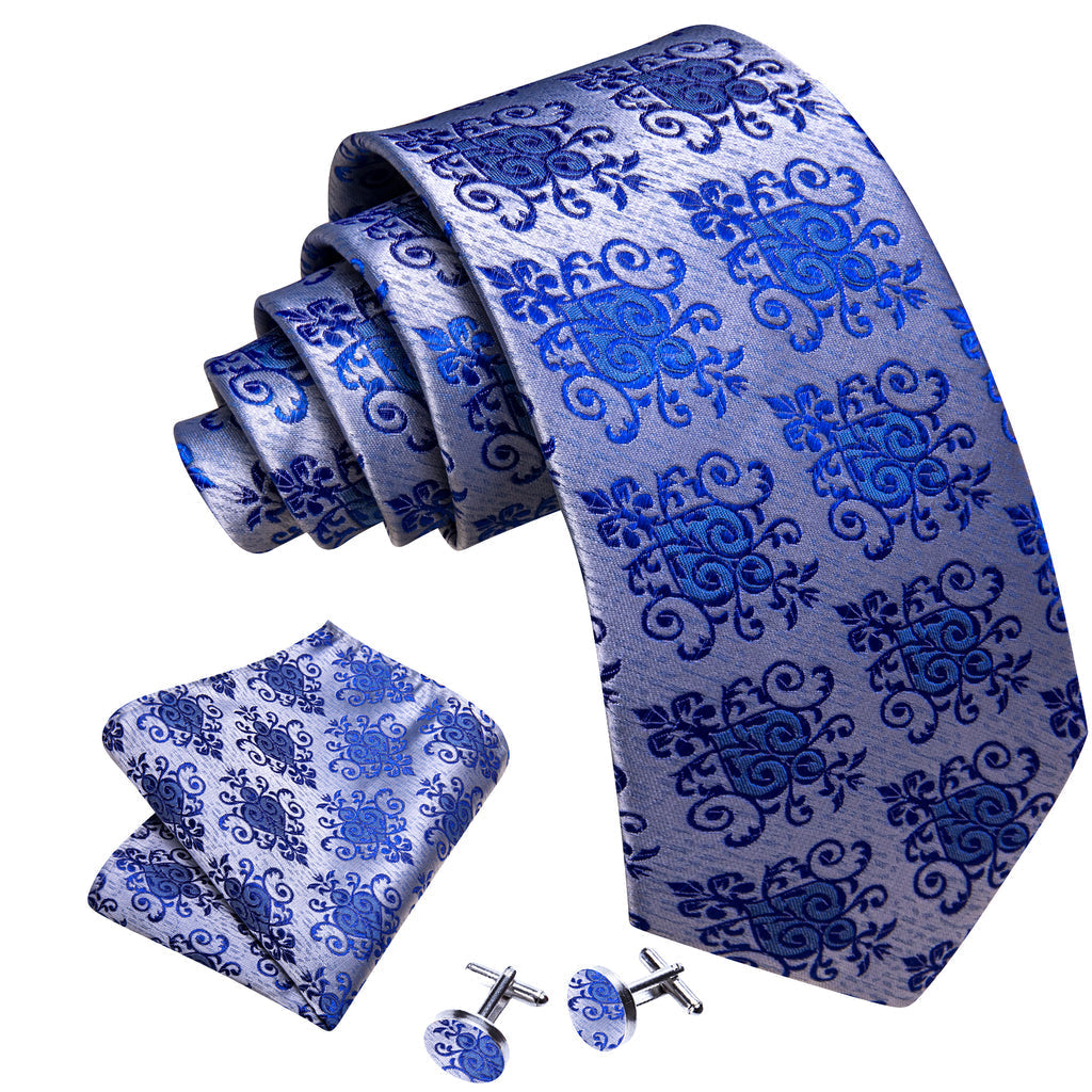 Blue Silver Floral Silk Tie Set - GentCrest - View 3