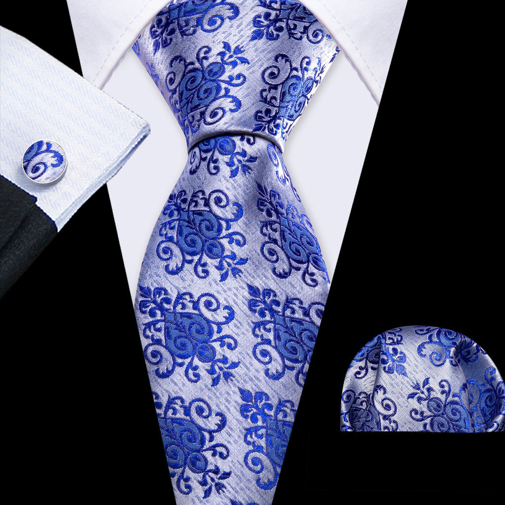 Blue Silver Floral Silk Tie Set - GentCrest