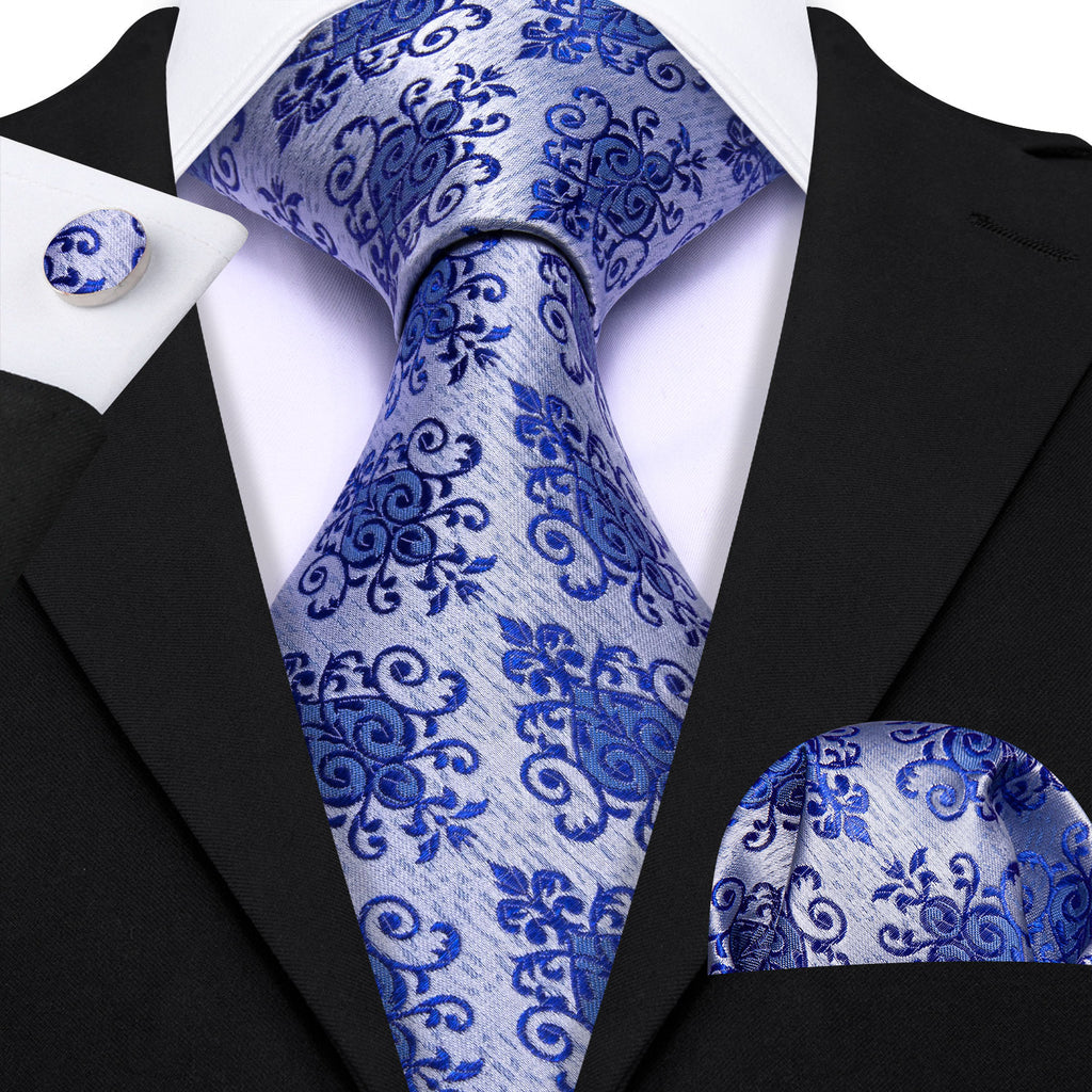 Blue Silver Floral Silk Tie Set - GentCrest - View 2