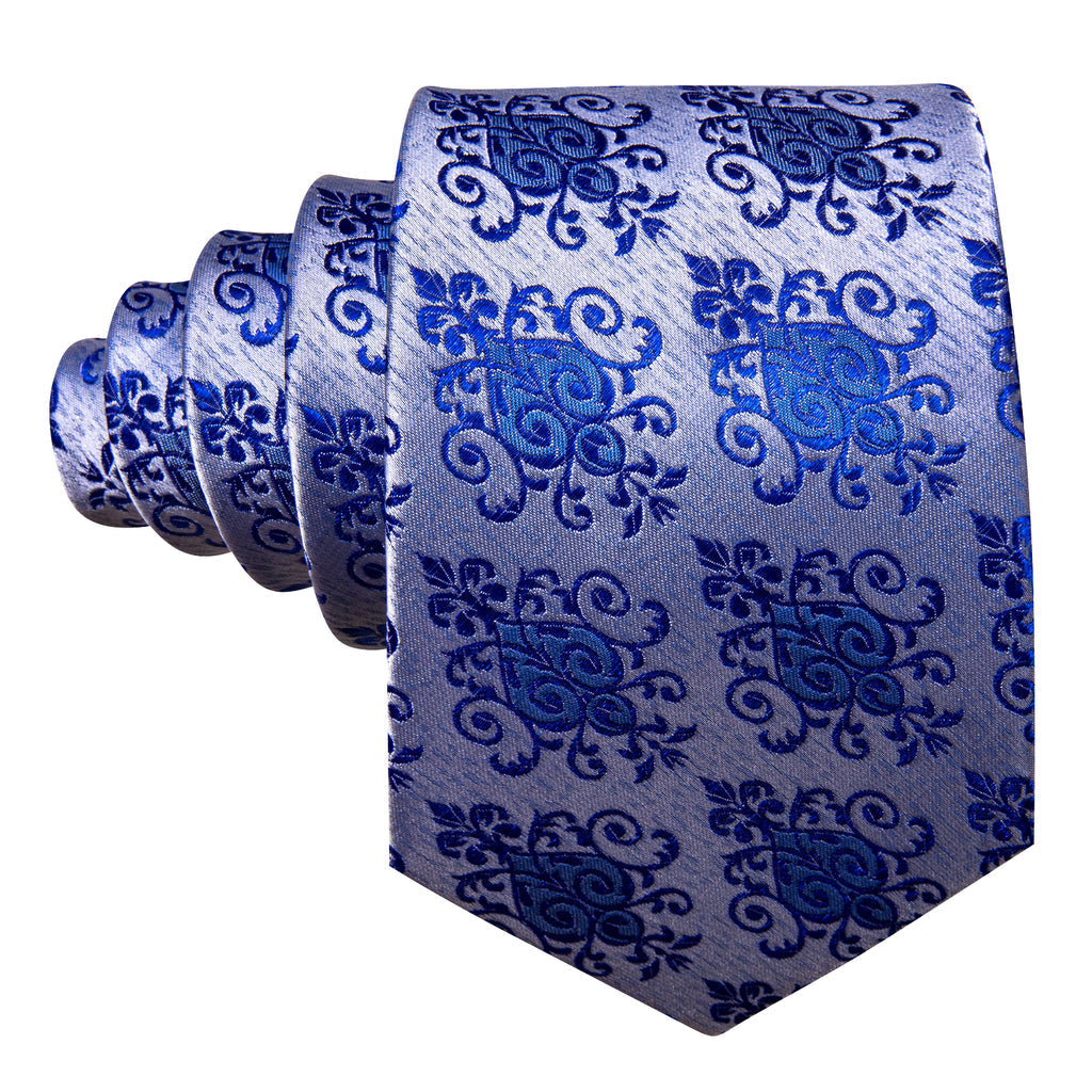 Blue Silver Floral Silk Tie Set - GentCrest - View 4