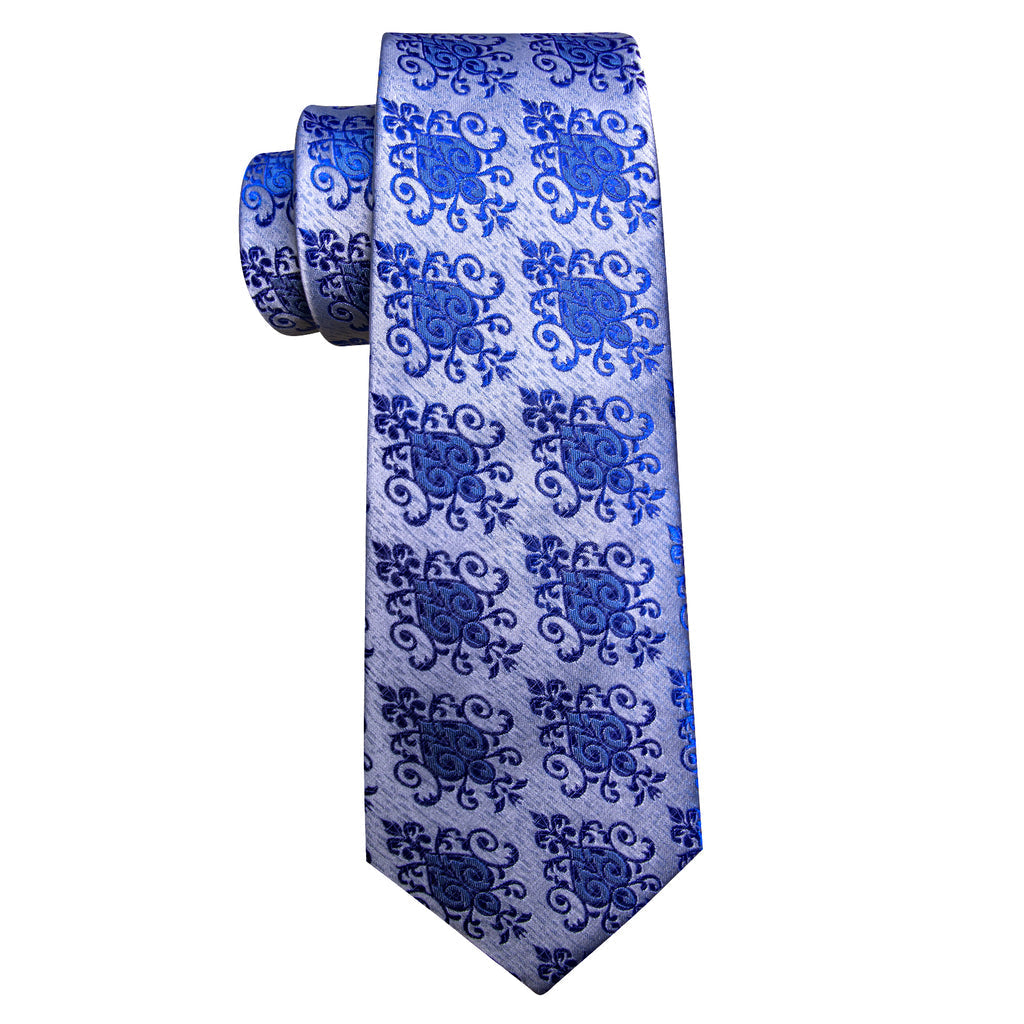 Blue Silver Floral Silk Tie Set - GentCrest - View 5
