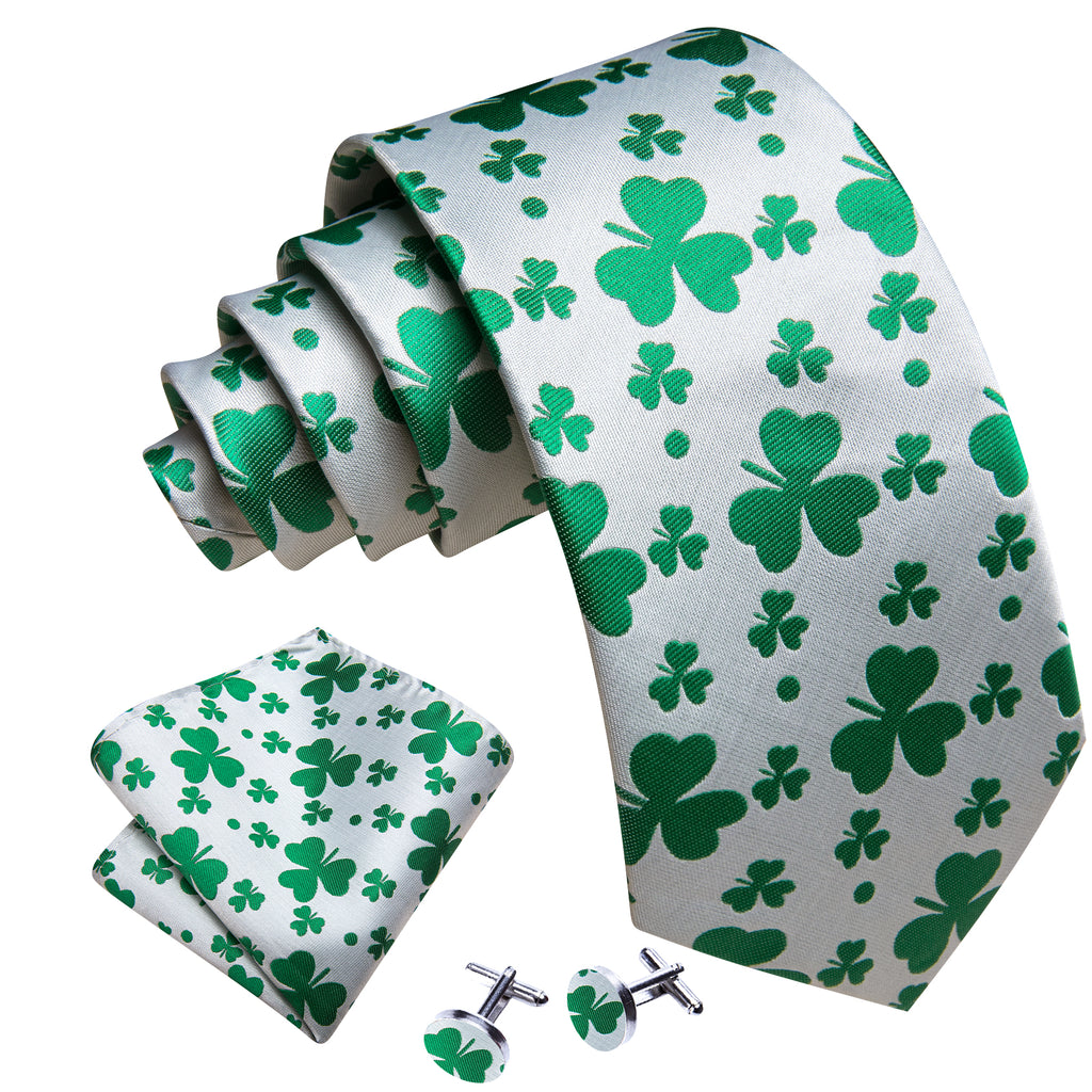 White Green Clover Silk Tie Set - GentCrest - View 4