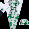 White Green Clover Silk Tie Set - GentCrest