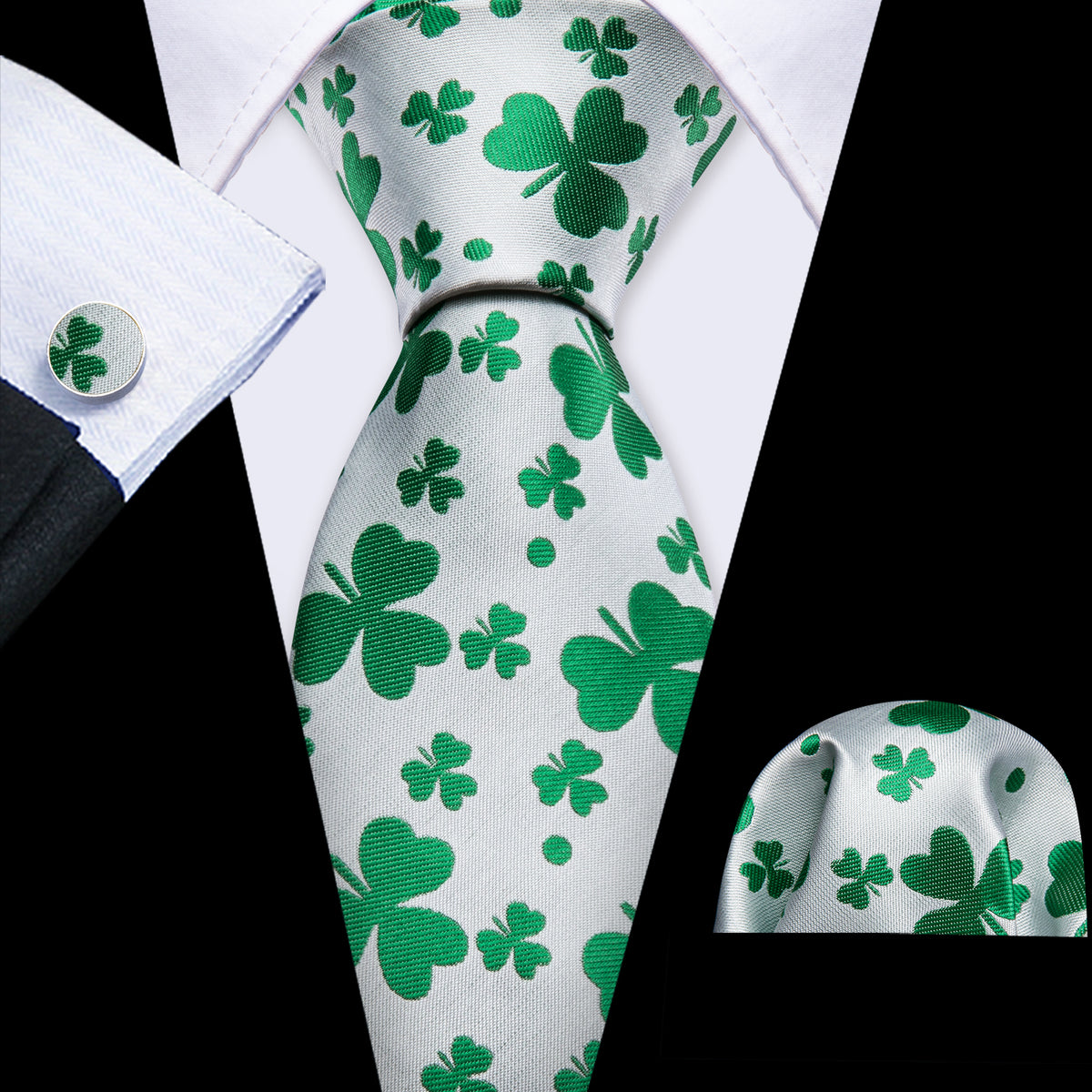 White Green Clover Silk Tie Set - GentCrest
