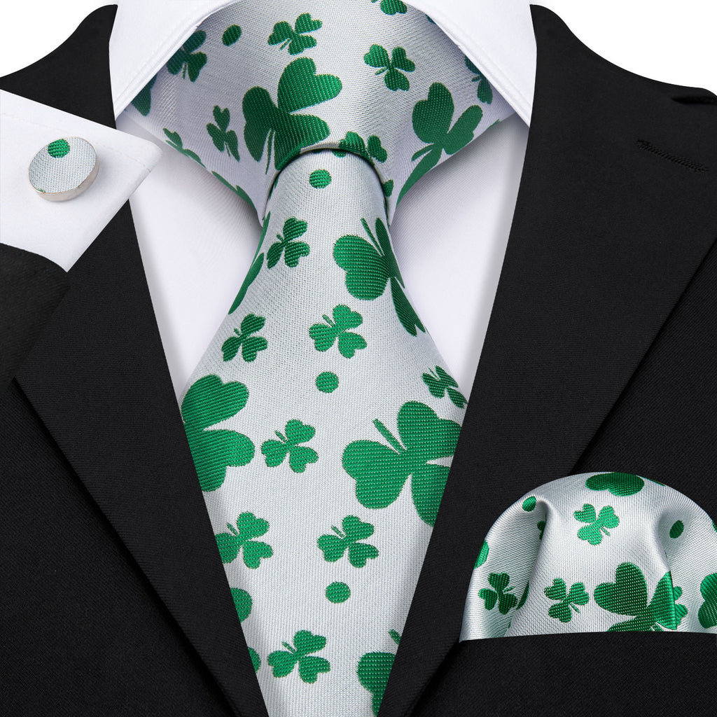 White Green Clover Silk Tie Set - GentCrest - View 2