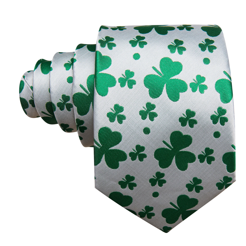 White Green Clover Silk Tie Set - GentCrest - View 3