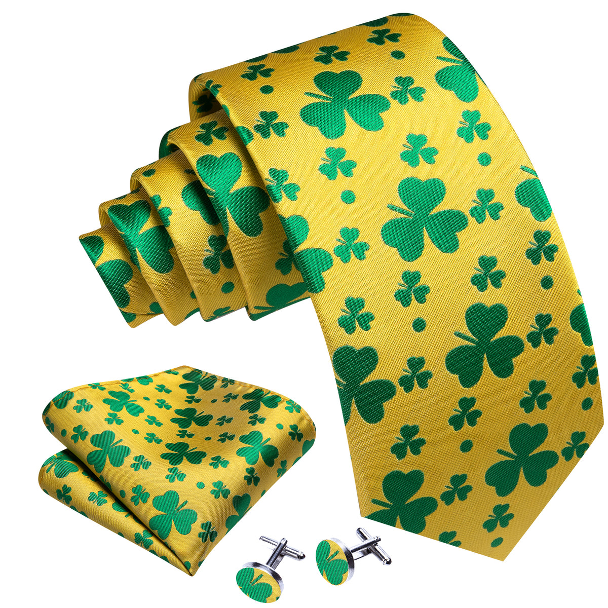 Yellow Green Clover Silk Tie Set - GentCrest - View 3