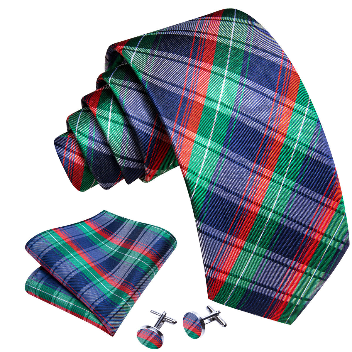 Blue Red Green Classy Plaid Silk Tie Set - GentCrest - View 2