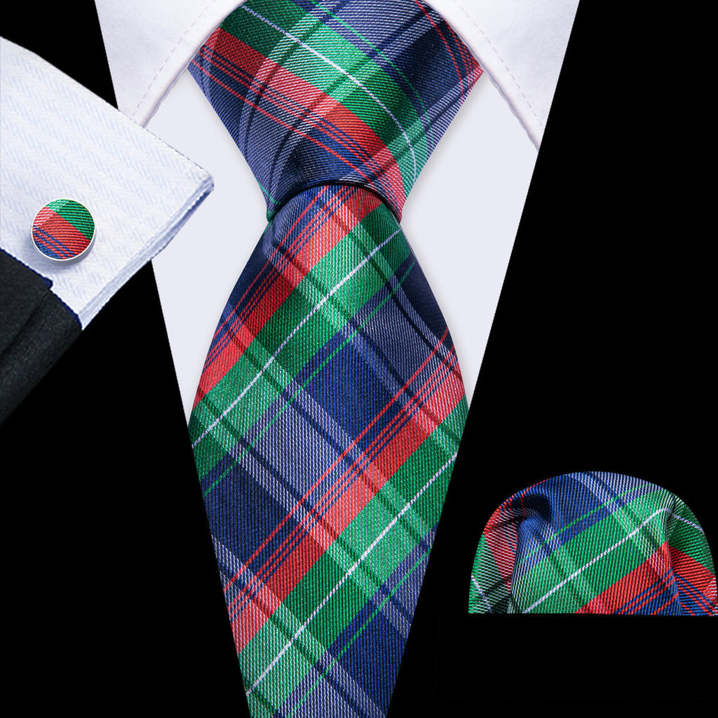 Blue Red Green Classy Plaid Silk Tie Set - GentCrest