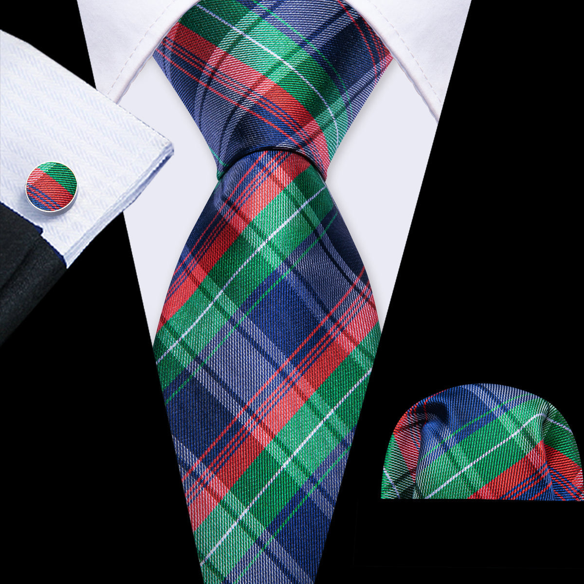 Blue Red Green Classy Plaid Silk Tie Set - GentCrest