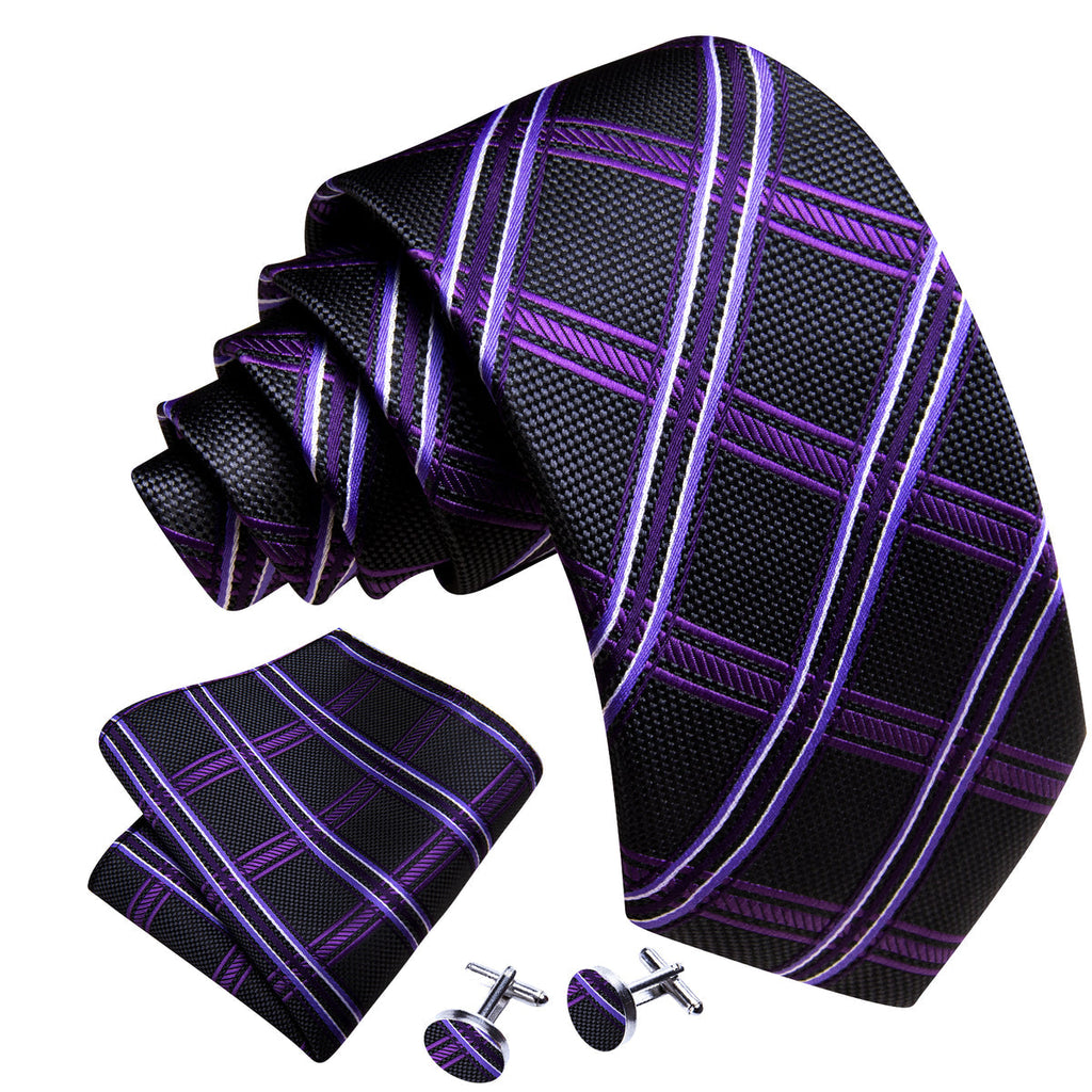 Black Purple Silk Tie Set - GentCrest - View 3