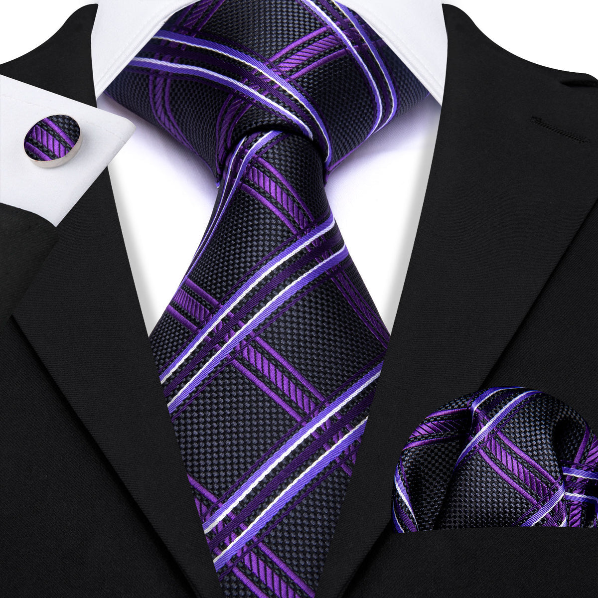 Black Purple Silk Tie Set - GentCrest - View 2