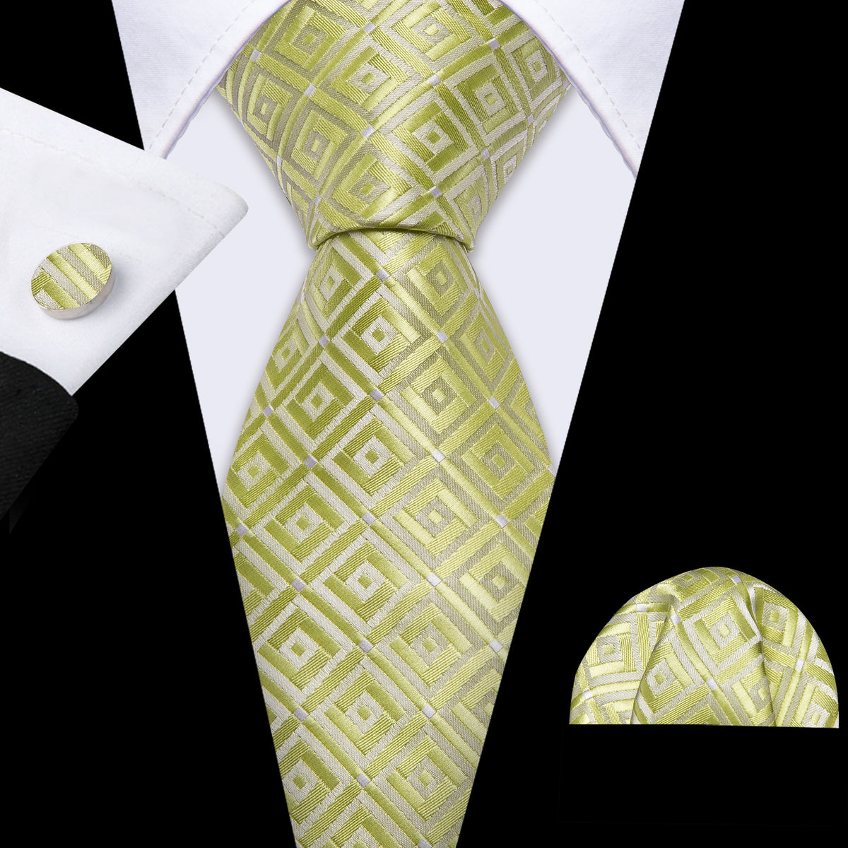 Yellow Green Novetly Plaid Silk Tie Set - GentCrest