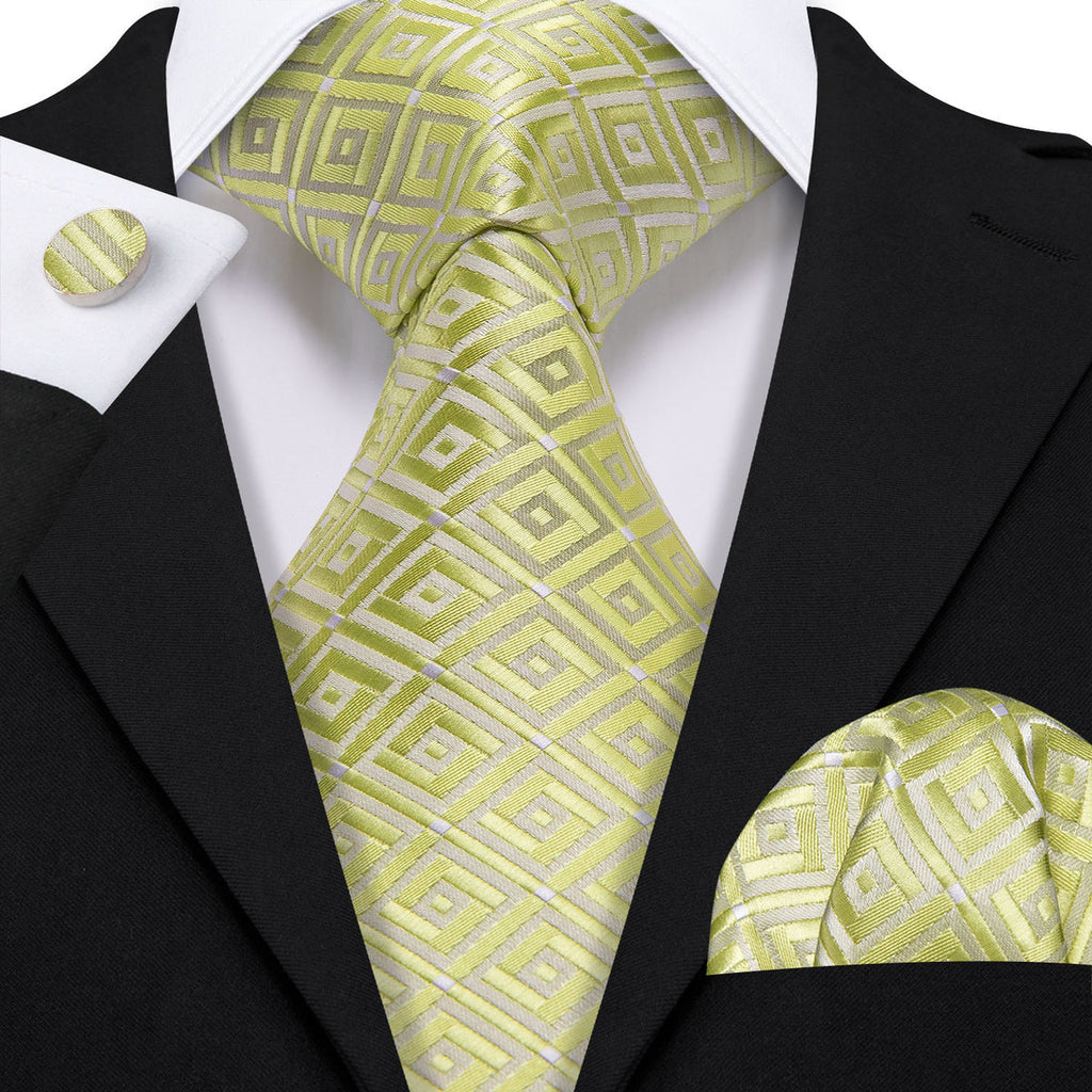 Yellow Green Novetly Plaid Silk Tie Set - GentCrest - View 2