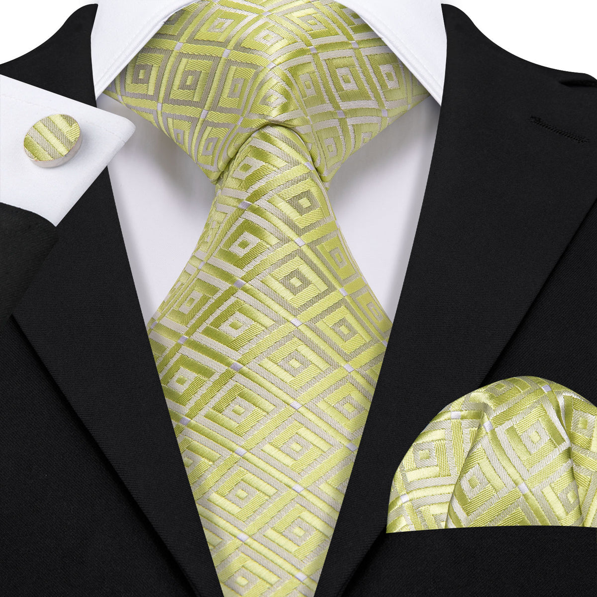 Yellow Green Novetly Plaid Silk Tie Set - GentCrest - View 2