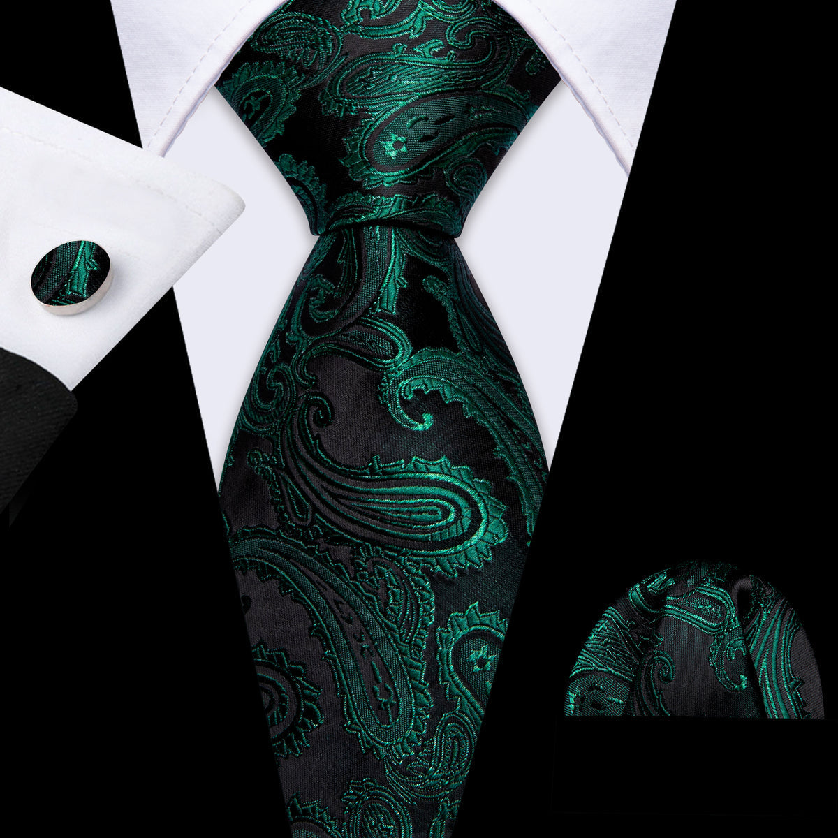 Dark Green Paisley Silk Tie Set - GentCrest