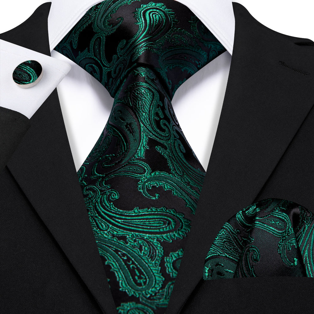 Dark Green Paisley Silk Tie Set - GentCrest - View 5