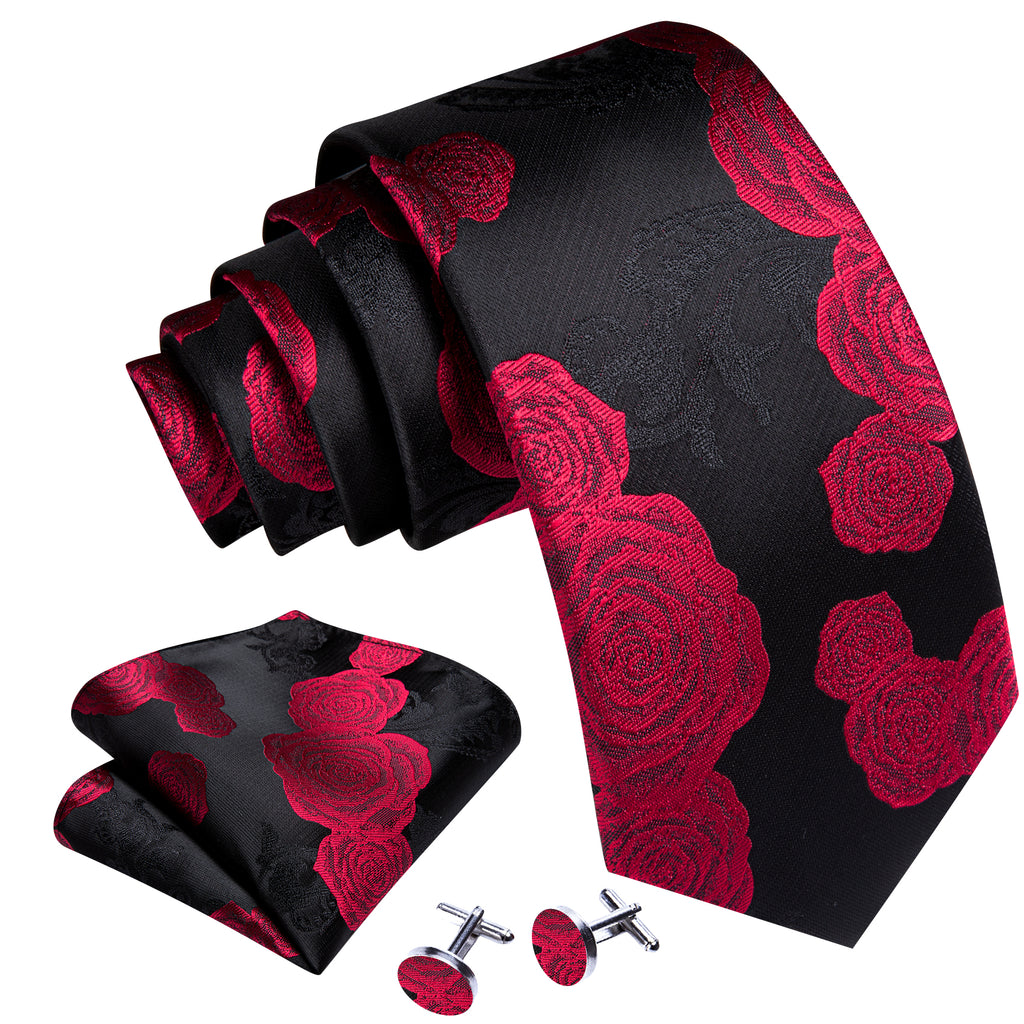 Black Red Flower Silk Tie Set - GentCrest - View 2