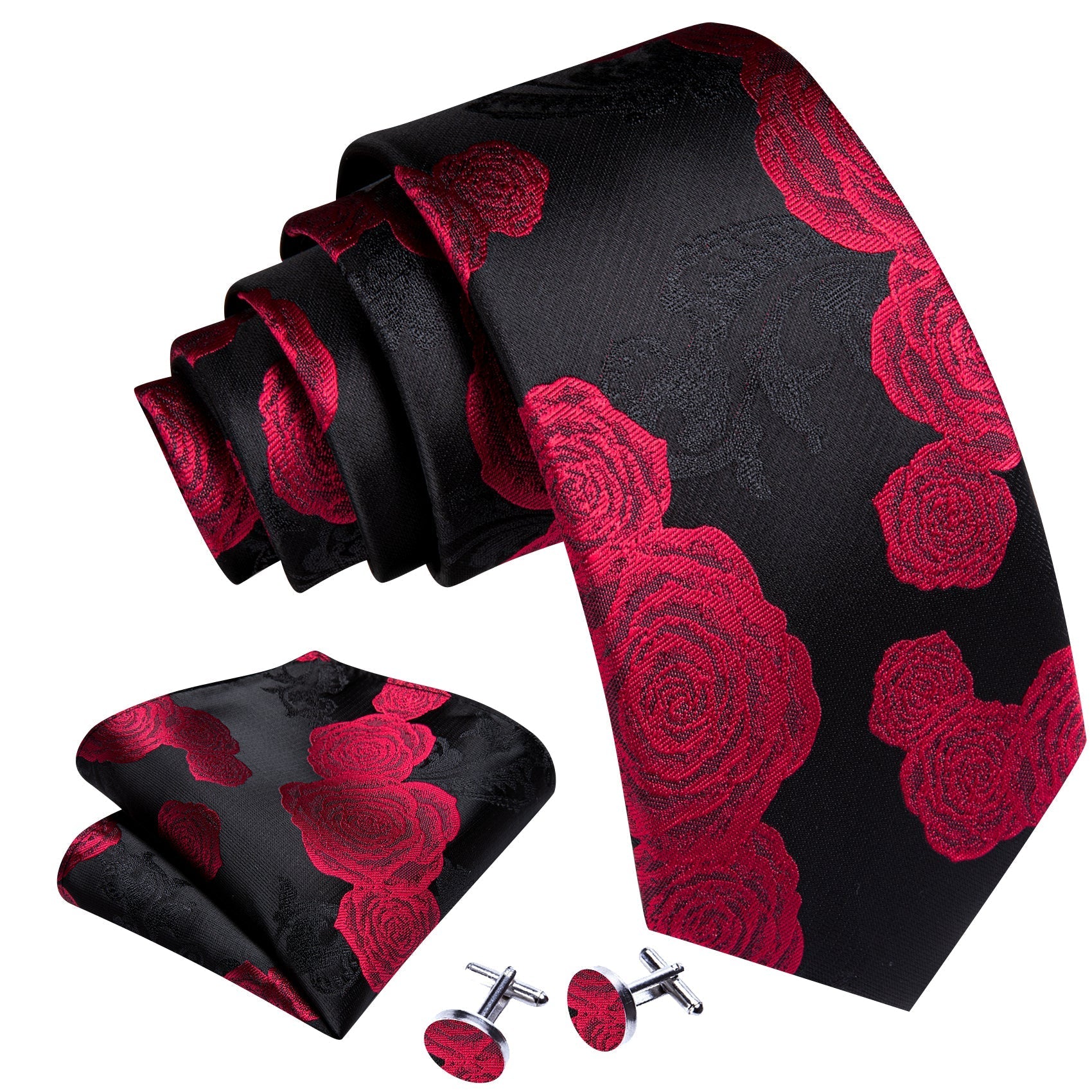 GentCrest Black Floral Tie Hanky Cufflinks Set - Image 2