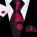 Black Red Flower Silk Tie Set - GentCrest