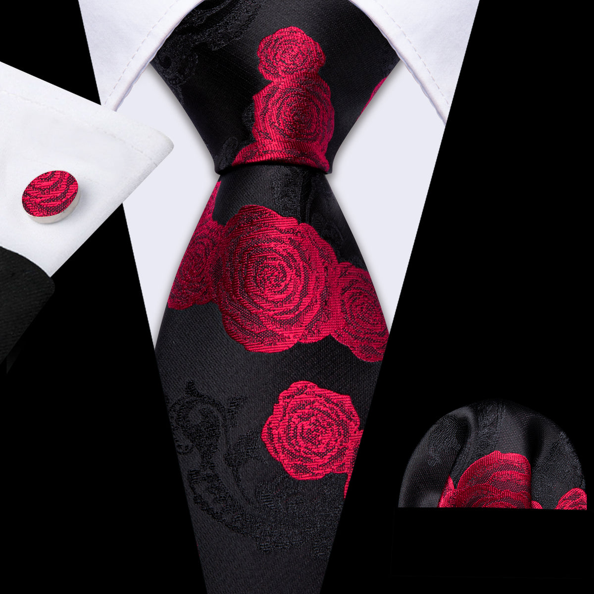 Black Red Flower Silk Tie Set - GentCrest