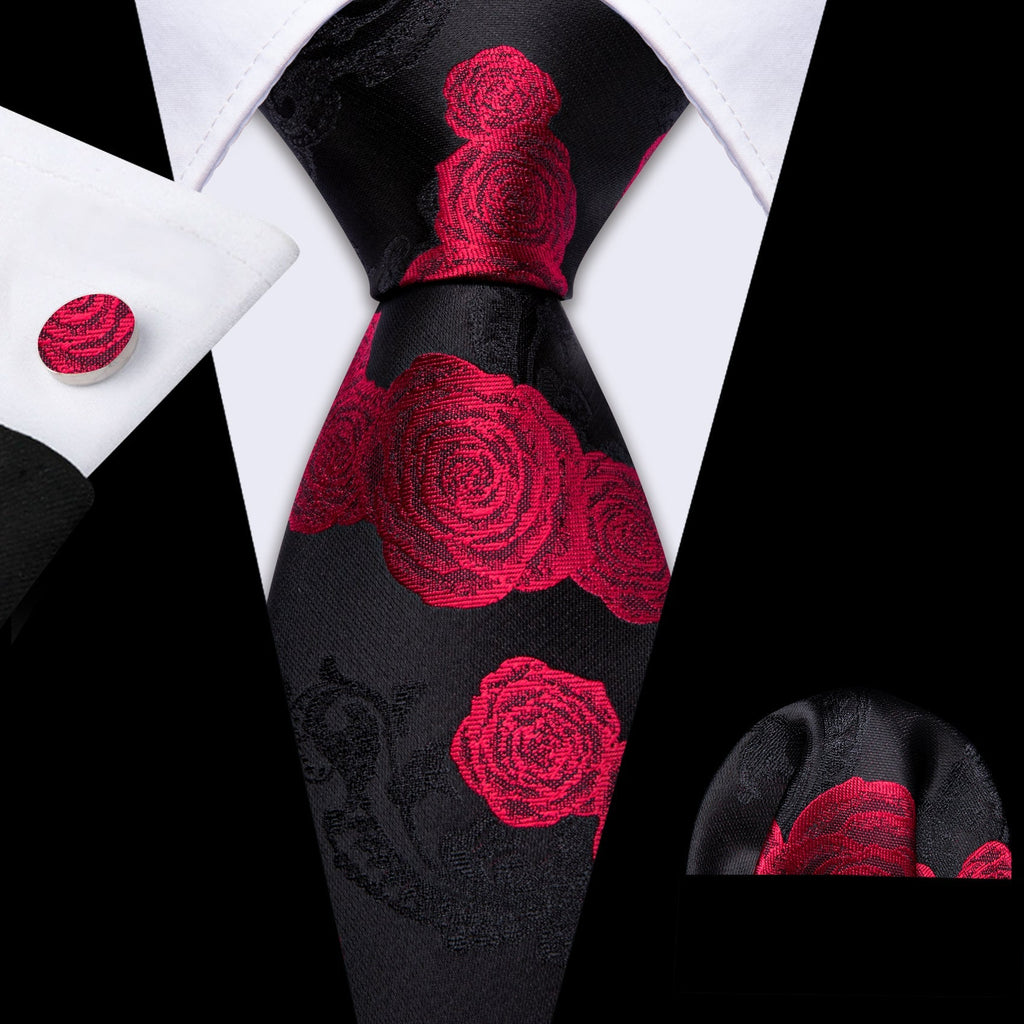 GentCrest Black Floral Tie Hanky Cufflinks Set - Image 3