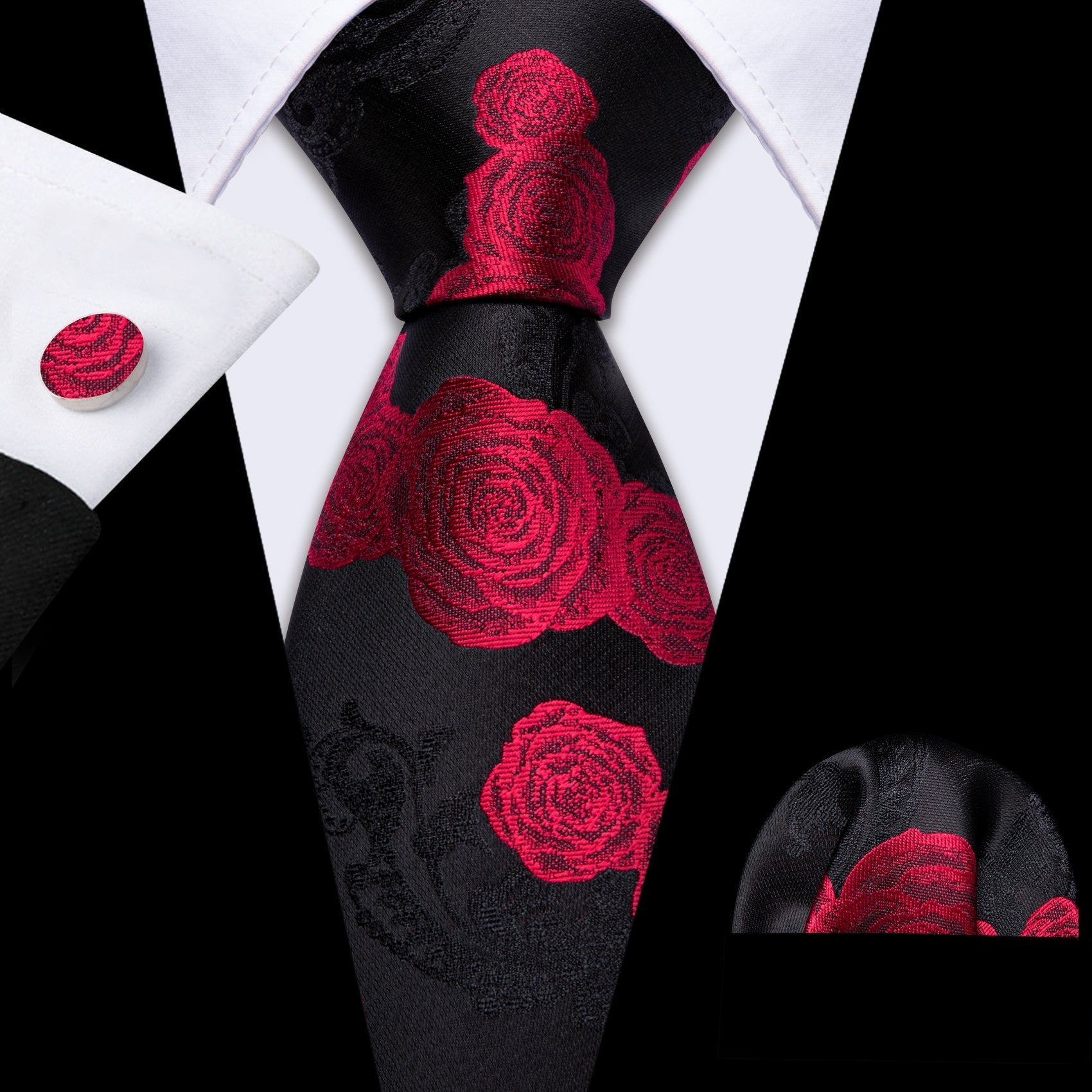 GentCrest Black Floral Tie Hanky Cufflinks Set - Image 3