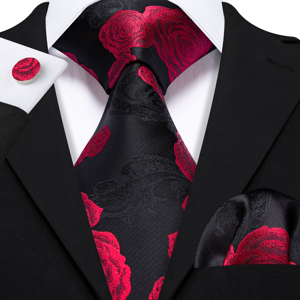 Black Red Flower Silk Tie Set - GentCrest - View 3