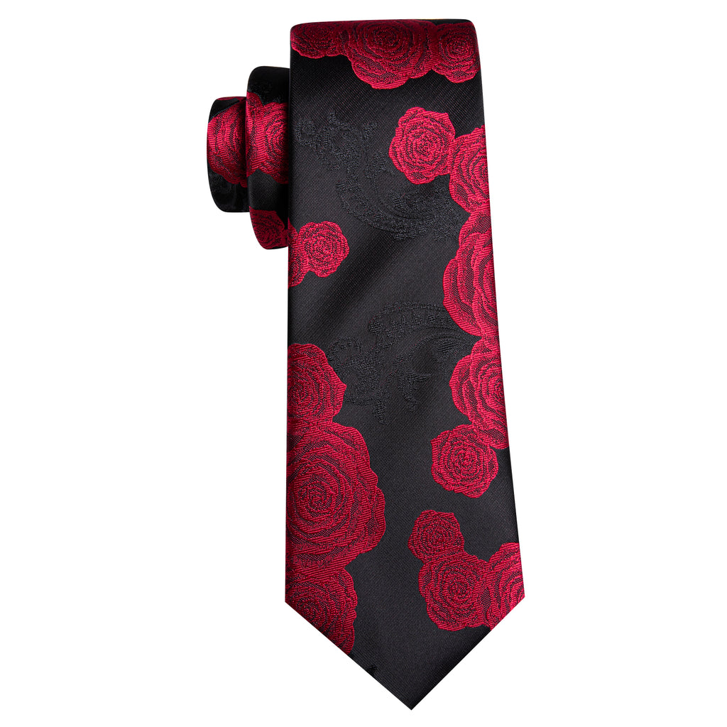 Black Red Flower Silk Tie Set - GentCrest - View 5
