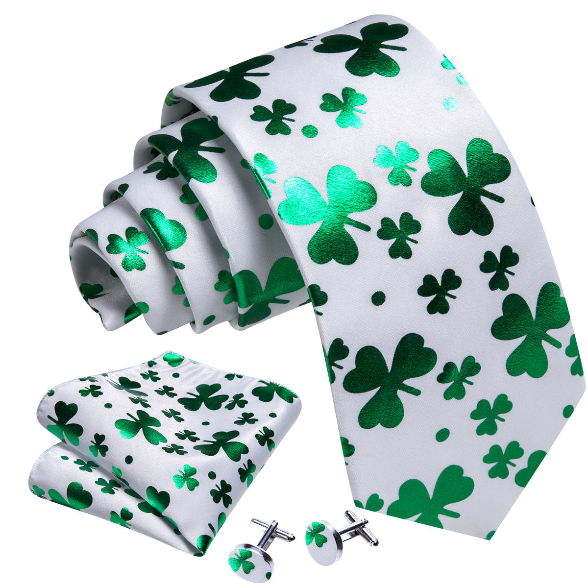 White and Green Clover Silk Tie Set - GentCrest - View 2