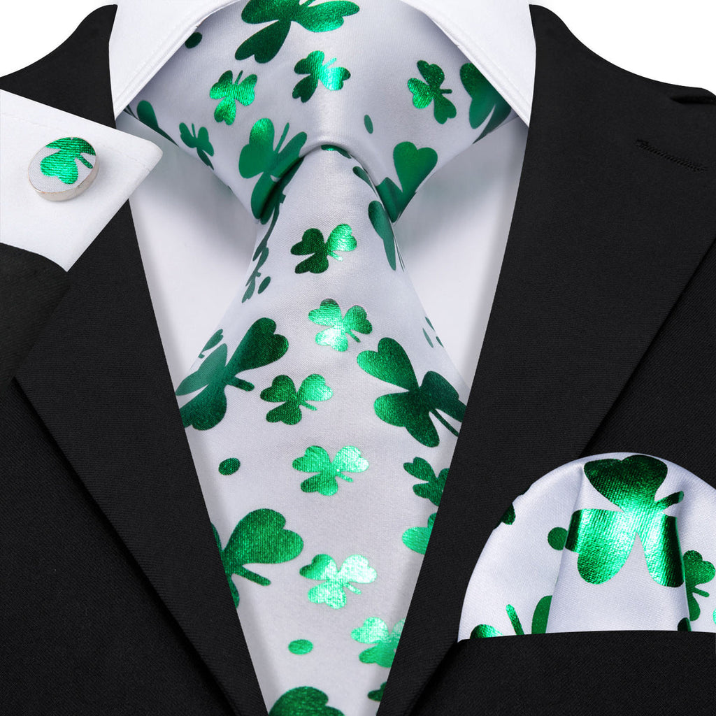 White and Green Clover Silk Tie Set - GentCrest